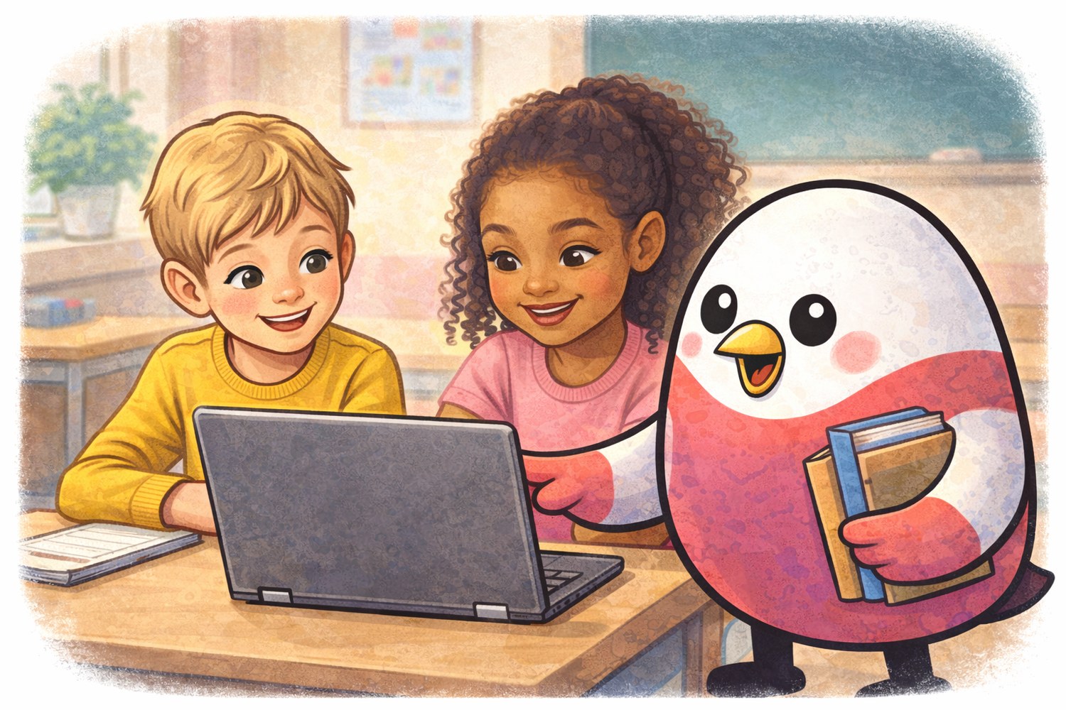 Two students and the Budget Bird working through the budget together on a laptop